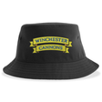 The Winchester Cannons Sustainable Bucket Hat by EMB S&S Activewear is a black unstructured hat with a gold and blue ribbon and "WINCHESTER CANNONS" on the front, made from recycled polyester.