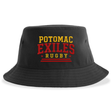 The Potomac Exiles Rugby Club Sustainable Bucket Hat by EMB S&S Activewear is a black, unstructured bucket hat featuring "Potomac Exiles Rugby" embroidered in yellow and red on the front. Made from recycled polyester, it combines comfort with eco-conscious style.