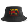 The Potomac Exiles Rugby Club Sustainable Bucket Hat by EMB S&S Activewear is a black, unstructured bucket hat featuring "Potomac Exiles Rugby" embroidered in yellow and red on the front. Made from recycled polyester, it combines comfort with eco-conscious style.