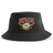 Introducing the RVA T.R.C. Sustainable Bucket Hat by EMB S&S Activewear—a black unstructured hat crafted from recycled polyester. This eco-friendly bucket hat showcases “RVA” in bold red letters above a rugby ball, featuring “T.R.C. Richmond, VA” in vibrant yellow. Enjoy comfort and style while supporting sustainable practices with this standout accessory.