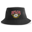 Introducing the RVA T.R.C. Sustainable Bucket Hat by EMB S&S Activewear—a black unstructured hat crafted from recycled polyester. This eco-friendly bucket hat showcases “RVA” in bold red letters above a rugby ball, featuring “T.R.C. Richmond, VA” in vibrant yellow. Enjoy comfort and style while supporting sustainable practices with this standout accessory.