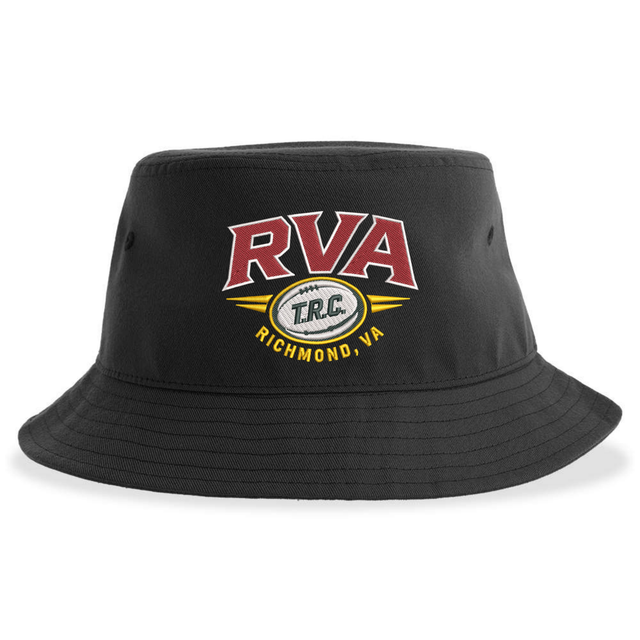Introducing the RVA T.R.C. Sustainable Bucket Hat by EMB S&S Activewear—a black unstructured hat crafted from recycled polyester. This eco-friendly bucket hat showcases “RVA” in bold red letters above a rugby ball, featuring “T.R.C. Richmond, VA” in vibrant yellow. Enjoy comfort and style while supporting sustainable practices with this standout accessory.