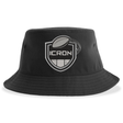 Black recycled polyester ICRON Sustainable Bucket Hat with an embroidered crest featuring a football and the text “ICRON.”