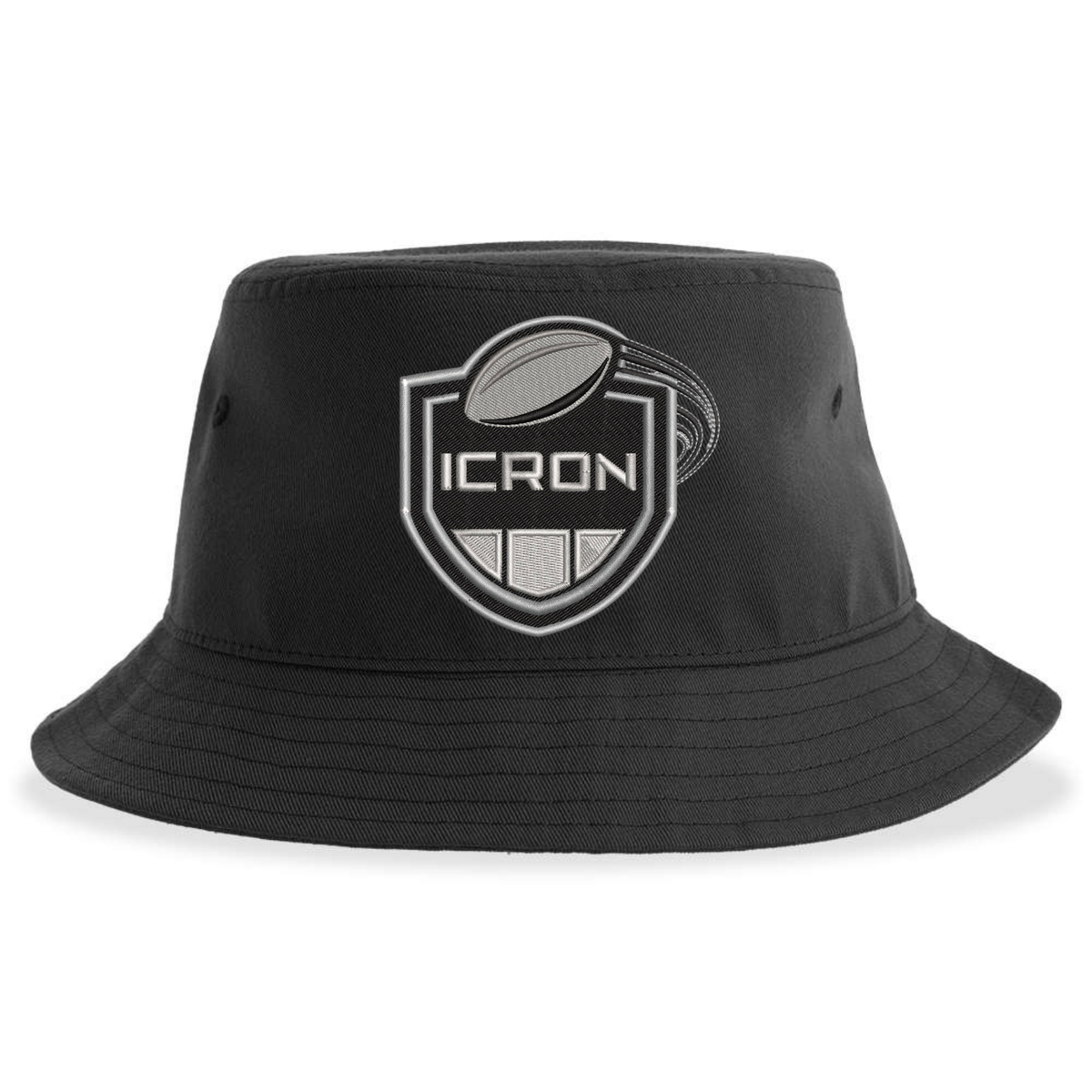 Black recycled polyester ICRON Sustainable Bucket Hat with an embroidered crest featuring a football and the text “ICRON.”