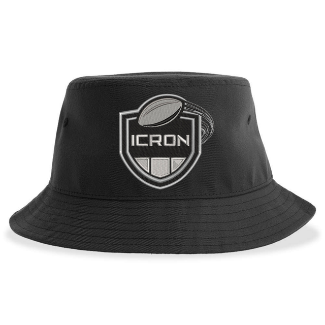 Black recycled polyester ICRON Sustainable Bucket Hat with an embroidered crest featuring a football and the text “ICRON.”