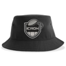 Black recycled polyester ICRON Sustainable Bucket Hat with an embroidered crest featuring a football and the text “ICRON.”