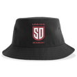 Black recycled polyester Legion Academy Sustainable Bucket Hat featuring a red and white crest logo with the text “LEGION ACADEMY” and “SD” in the center.