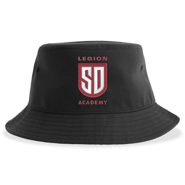 Black recycled polyester Legion Academy Sustainable Bucket Hat featuring a red and white crest logo with the text “LEGION ACADEMY” and “SD” in the center.
