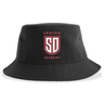 Black recycled polyester Legion Academy Sustainable Bucket Hat featuring a red and white crest logo with the text “LEGION ACADEMY” and “SD” in the center.
