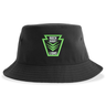 Black Rock Rugby Sustainable Bucket Hat featuring a shield-shaped logo that reads “ROCK RUGBY LIONS” in green and white.