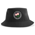 The Society of Iowa Rugby Referees Sustainable Bucket Hat by EMB S&S Activewear features a circular patch adorned with pink flowers, green leaves, and the phrase “S.T.R.R. Women of Iowa Rugby Neverdies.” Crafted from recycled polyester for comfort and eco-conscious style, this black bucket hat is perfect for casual outdoor wear.