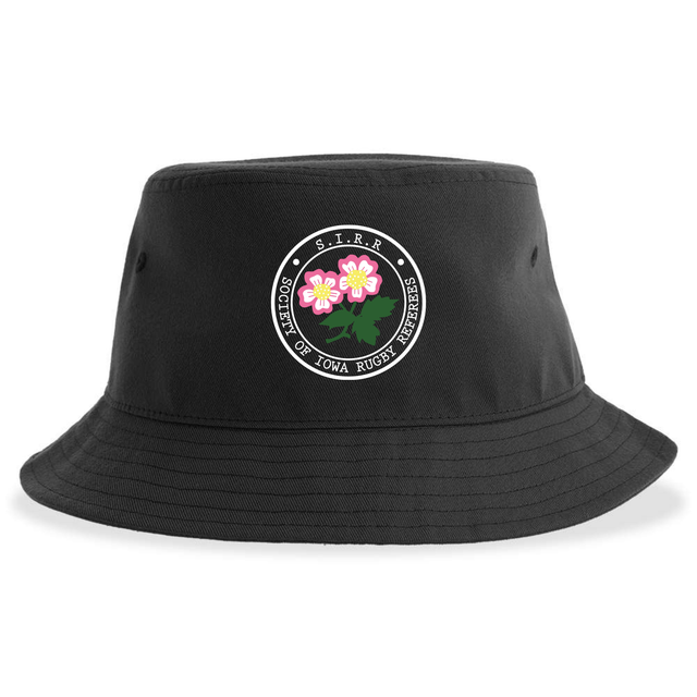 The Society of Iowa Rugby Referees Sustainable Bucket Hat by EMB S&S Activewear features a circular patch adorned with pink flowers, green leaves, and the phrase “S.T.R.R. Women of Iowa Rugby Neverdies.” Crafted from recycled polyester for comfort and eco-conscious style, this black bucket hat is perfect for casual outdoor wear.