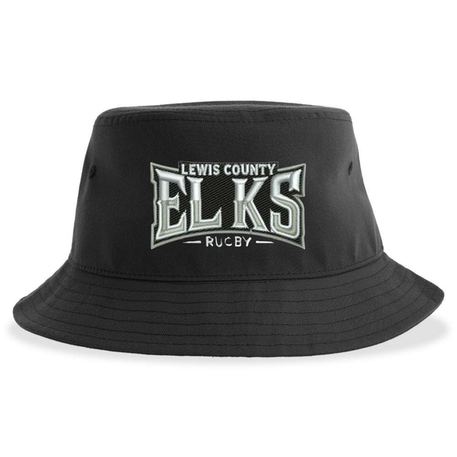 The Lewis County Elks Sustainable Bucket Hat by EMB S&S Activewear is a black, unstructured bucket hat featuring “Lewis County Elks Rugby” embroidered in white and gray on the front—a stylish and eco-friendly way to show your team pride.