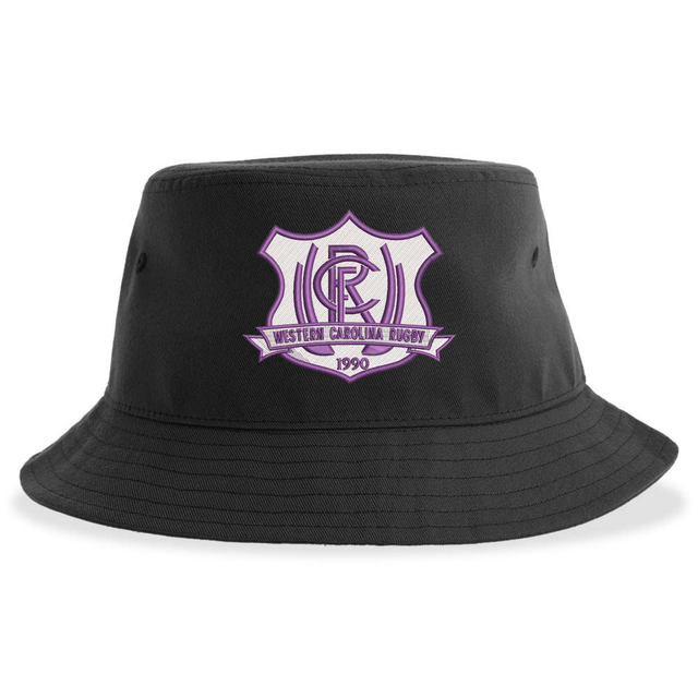 Western Carolina University Sustainable Bucket Hat in black, featuring a purple and white emblem that reads “Western Carolina Rugby 1990.”