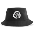 The Missoula All-Maggots Sustainable Bucket Hat by EMB S&S Activewear is a black bucket hat with a white spiral shell design on the front.