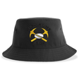 Mother Lode Sustainable Bucket Hat in black recycled polyester, featuring a logo with two crossed yellow pickaxes, a rugby ball, and the text “Mother Lode Rugby.”