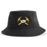 Mother Lode Sustainable Bucket Hat in black recycled polyester, featuring a logo with two crossed yellow pickaxes, a rugby ball, and the text “Mother Lode Rugby.”