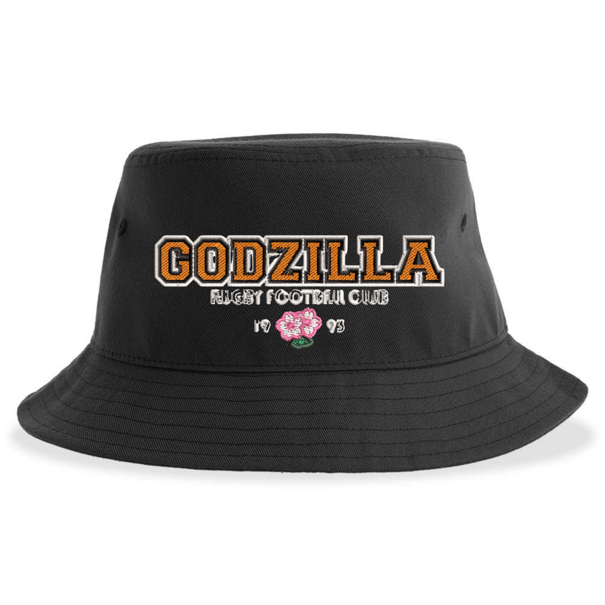 Introducing the Godzilla Rugby Football Club Sustainable Bucket Hat by EMB S&S Activewear—a black casual bucket hat made from recycled polyester for an eco-friendly update on a classic style. It features “GODZILLA RUGBY FOOTBALL CLUB” embroidered in bold orange and white lettering, a pink flower design, and “19 93” stitched in white beneath the main text.