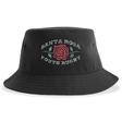 The Santa Rosa Youth Rugby Sustainable Bucket Hat by EMB S&S Activewear is a black, eco-friendly bucket hat featuring a red rose with green leaves and “Santa Rosa Youth Rugby” printed above and below the illustration.