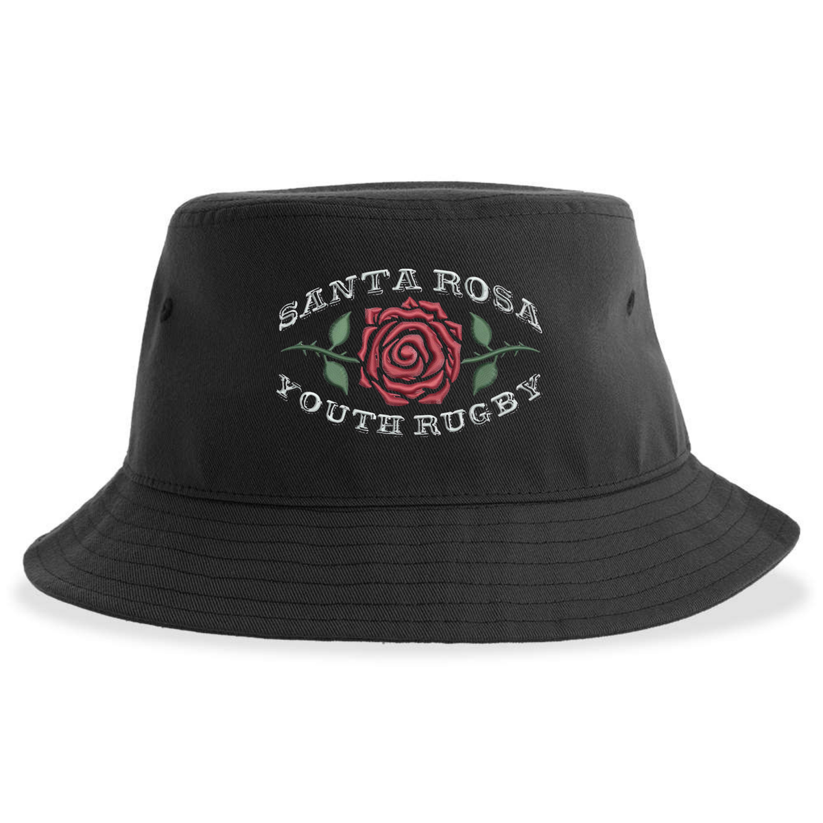 The Santa Rosa Youth Rugby Sustainable Bucket Hat by EMB S&S Activewear is a black, eco-friendly bucket hat featuring a red rose with green leaves and “Santa Rosa Youth Rugby” printed above and below the illustration.