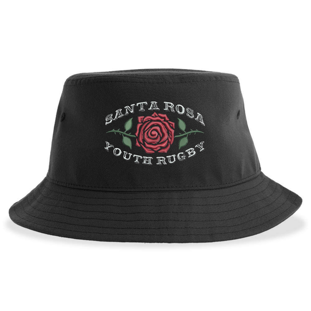 The Santa Rosa Youth Rugby Sustainable Bucket Hat by EMB S&S Activewear is a black, eco-friendly bucket hat featuring a red rose with green leaves and “Santa Rosa Youth Rugby” printed above and below the illustration.