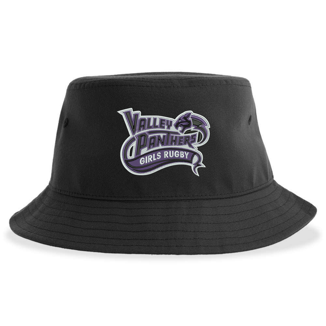 The Valley Panthers Girls Rugby Sustainable Bucket Hat by EMB S&S Activewear features a purple and white “Valley Panthers Girls Rugby” logo on the front—an eco-friendly, casual outdoor hat ideal for any fan.