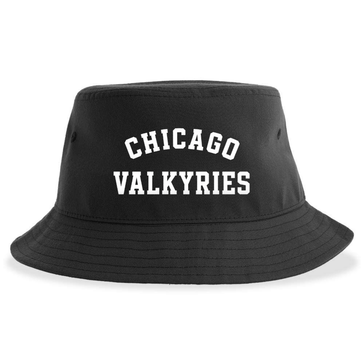 The Chicago Valkyries Crusher Bucket Cap by EMB S&S Activewear is a black cotton twill hat featuring "CHICAGO VALKYRIES" printed in bold, white uppercase letters on the front, delivering standout style and dependable sun protection.