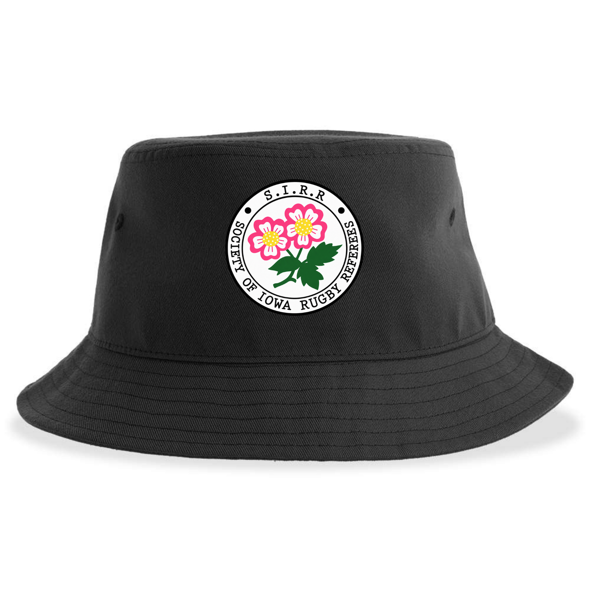 Introducing the Society of Iowa Rugby Referees Sustainable Bucket Hat by EMB S&S Activewear—a black, unstructured bucket hat adorned with a circular front logo featuring pink flowers and “Society of Iowa Rugby Referees.” Both stylish and eco-friendly, it’s the perfect accessory to show your support on and off the field.