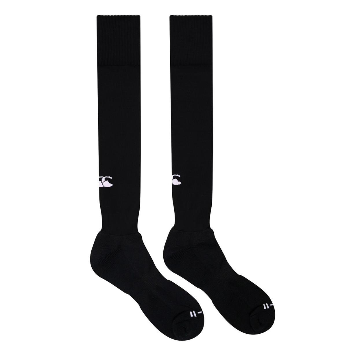 A pair of Canterbury Playing Socks by Canterbury, featuring a black knee-high design with white markings on the ankle area and a cushioned footbed for added comfort.