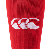 Close-up of a red Canterbury Playing Sock featuring a white CCC logo, characteristic of the Canterbury brand.
