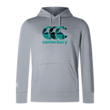 Lightweight gray hoodie with a front pocket, featuring the Canterbury logo in green and black on the chest. The product is the Canterbury Tartan CCC Club Lightweight Hoodie by WRS Canterbury.