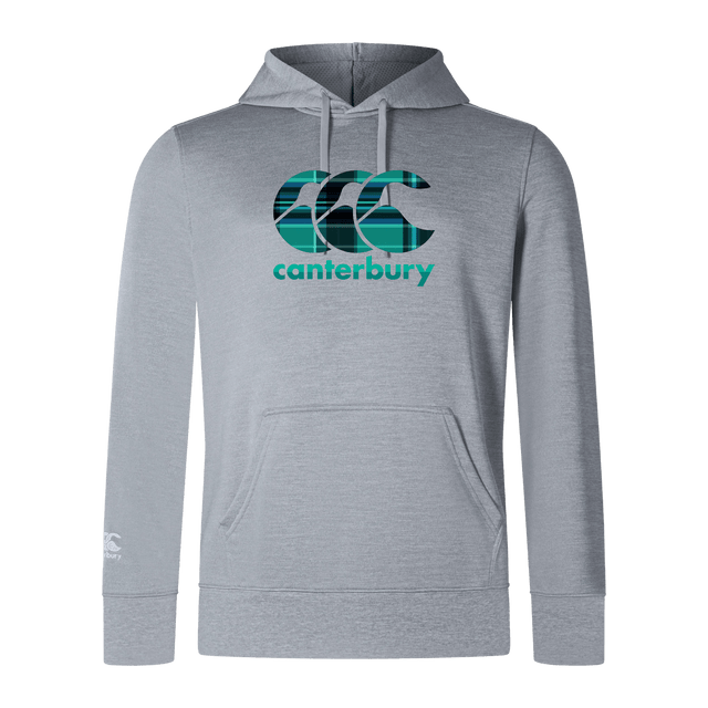 Lightweight gray hoodie with a front pocket, featuring the Canterbury logo in green and black on the chest. The product is the Canterbury Tartan CCC Club Lightweight Hoodie by WRS Canterbury.