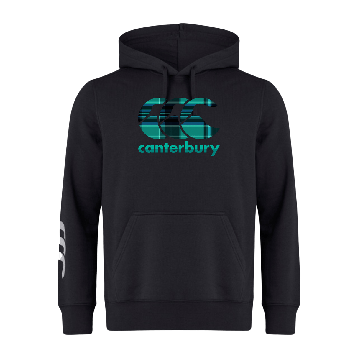 The Canterbury Tartan CCC Club Hoodie from WRS Canterbury offers a black design featuring the iconic teal CCC logo on the front and sleeve, crafted from cozy sweatshirt fleece for ultimate comfort.