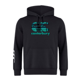 The Canterbury Tartan CCC Club Hoodie from WRS Canterbury offers a black design featuring the iconic teal CCC logo on the front and sleeve, crafted from cozy sweatshirt fleece for ultimate comfort.