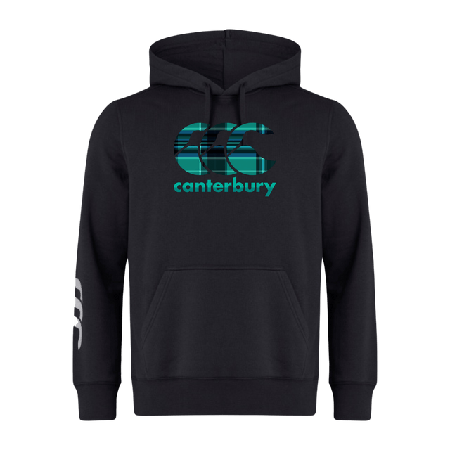 The Canterbury Tartan CCC Club Hoodie from WRS Canterbury offers a black design featuring the iconic teal CCC logo on the front and sleeve, crafted from cozy sweatshirt fleece for ultimate comfort.
