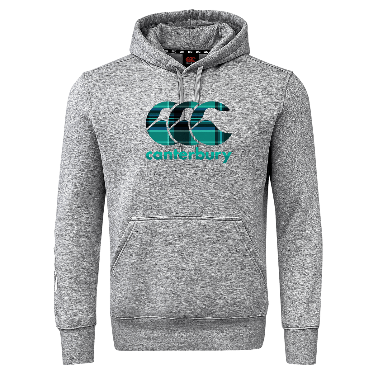 The Canterbury Tartan CCC Club Hoodie by WRS Canterbury is a gray club hoodie crafted from soft sweatshirt fleece with a front pocket. It features a large stylized CCC logo and "Canterbury" in teal on the chest.