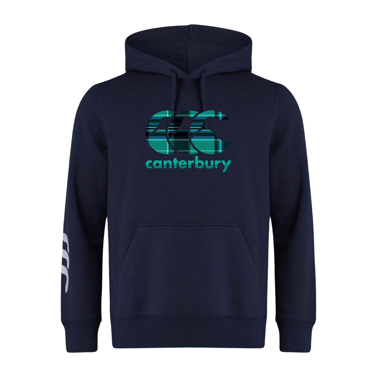 The Canterbury Tartan CCC Club Hoodie by WRS Canterbury in navy blue showcases a prominent "CCC Canterbury" logo in teal and white on the front. Crafted from sweatshirt fleece, it offers exceptional comfort, while three distinctive white lines accentuate the sleeve for a classic style.