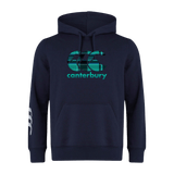 The Canterbury Tartan CCC Club Hoodie by WRS Canterbury in navy blue showcases a prominent "CCC Canterbury" logo in teal and white on the front. Crafted from sweatshirt fleece, it offers exceptional comfort, while three distinctive white lines accentuate the sleeve for a classic style.