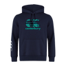 The Canterbury Tartan CCC Club Hoodie by WRS Canterbury in navy blue showcases a prominent "CCC Canterbury" logo in teal and white on the front. Crafted from sweatshirt fleece, it offers exceptional comfort, while three distinctive white lines accentuate the sleeve for a classic style.