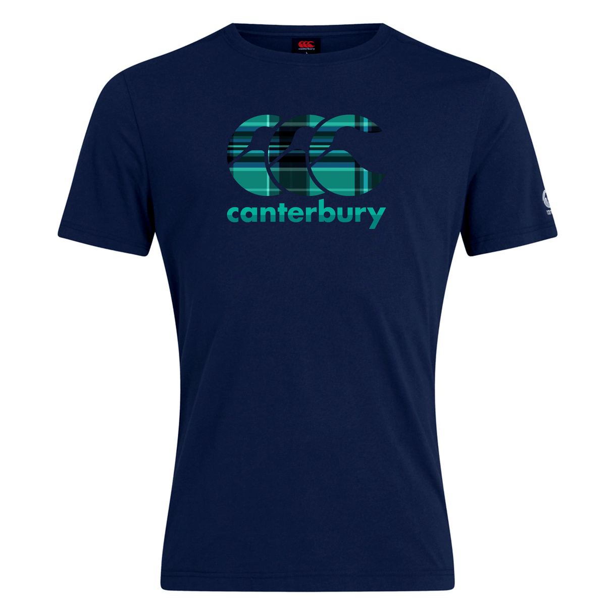 Navy blue Canterbury CCC Tartan Club Plain T-Shirt by WRS Canterbury, featuring a large "CCC" logo and "Canterbury" in teal on the front, celebrating rugby pride.