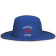 The EMB Augusta Nations of Rugby France Rugby Legend Boonie Cap is a blue wide-brim hat with "FRANCE RUGBY" text and a red rooster emblem—ideal for any rugby supporter.