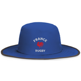 The EMB Augusta Nations of Rugby France Rugby Legend Boonie Cap is a blue wide-brim hat with "FRANCE RUGBY" text and a red rooster emblem—ideal for any rugby supporter.