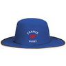 The EMB Augusta Nations of Rugby France Rugby Legend Boonie Cap is a blue wide-brim hat with "FRANCE RUGBY" text and a red rooster emblem—ideal for any rugby supporter.