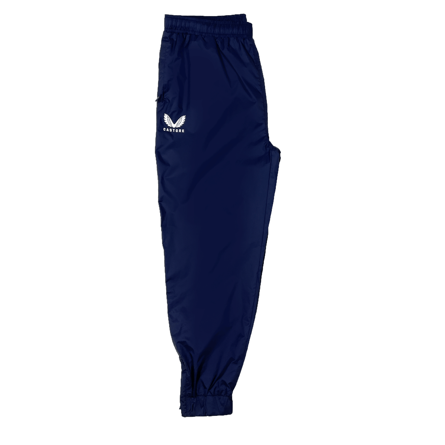 Women's USA Rugby Weatherproof Pants by Castore in navy feature an elastic waistband and cuffs with a white logo on the upper left thigh, offering stylish comfort.