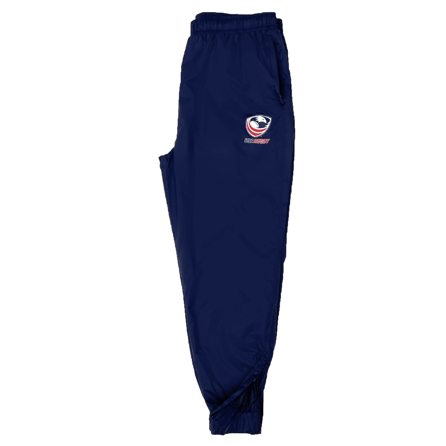 Women's navy blue track pants from Castore featuring weatherproof fabric and an embroidered "Eagle Rugby" logo on the left thigh. These are perfect for displaying your USA Rugby pride in any weather.