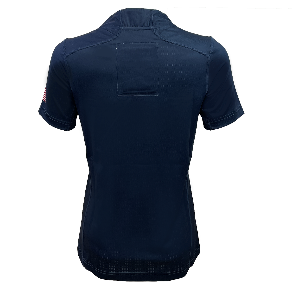 The Women's USA Rugby Pro Home Jersey by Castore, in navy blue, has a short-sleeve design with an athletic fit, a subtle mesh pattern, an emblem on the sleeve, and a rectangular patch near the collar.
