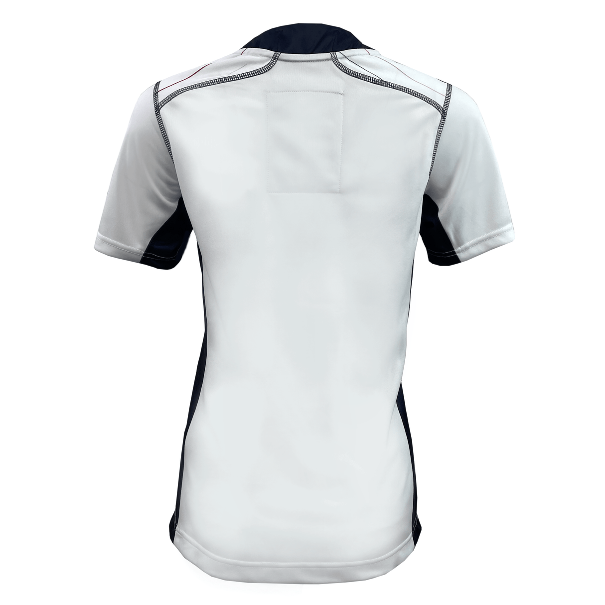 The Women's USA Rugby Pro Home Jersey by Castore features a sublimated design on its back. This white, short-sleeve jersey has dark side panels and stitching, crafted from moisture-wicking fabric for comfort.