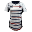 Introducing the Women's USA Rugby Pro Home Jersey by Castore, designed with an athletic fit and red, white, and blue stripes. It features chest logos, an American flag on the sleeve, and is made from moisture-wicking fabric to ensure comfort on or off the field.