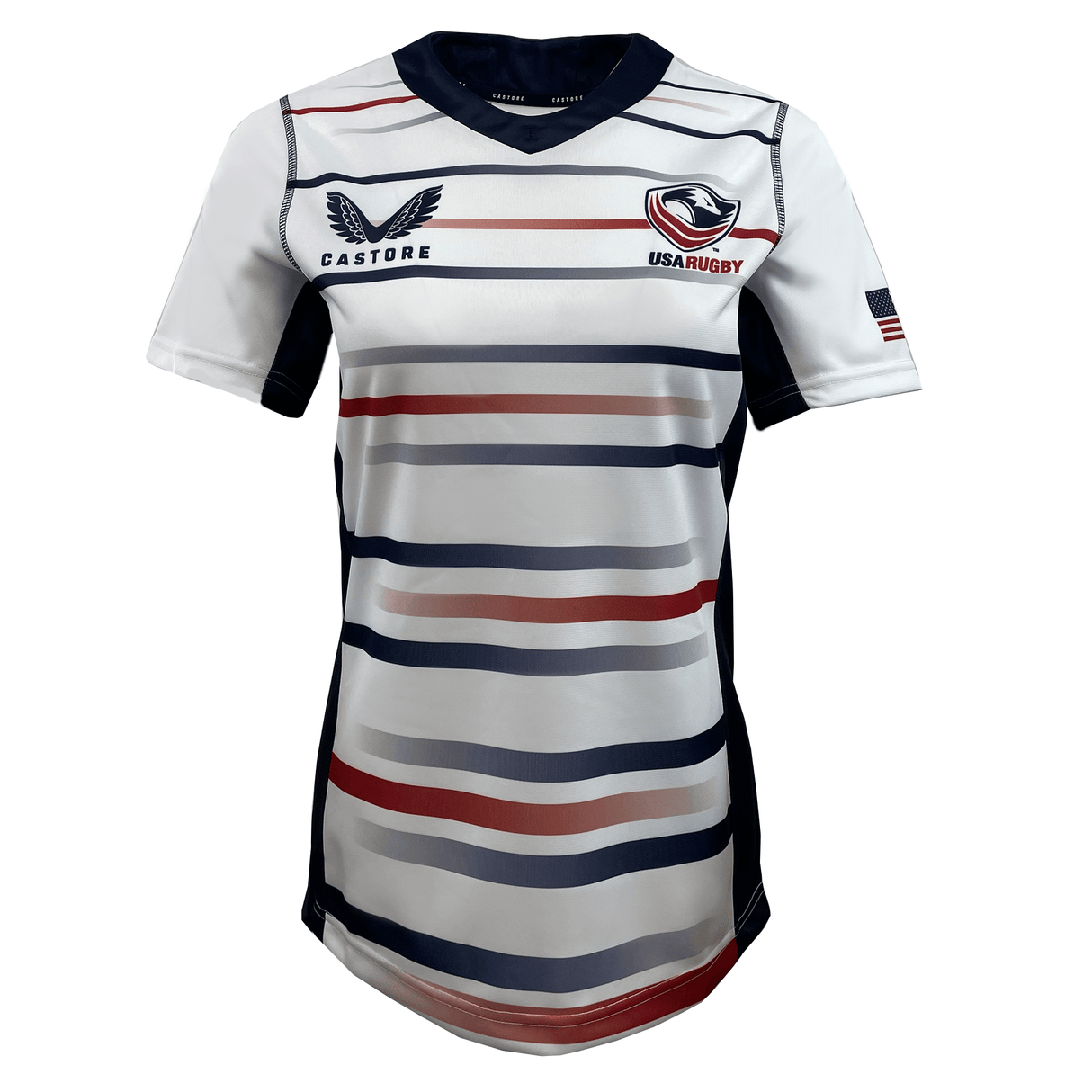 Introducing the Women's USA Rugby Pro Home Jersey by Castore, designed with an athletic fit and red, white, and blue stripes. It features chest logos, an American flag on the sleeve, and is made from moisture-wicking fabric to ensure comfort on or off the field.