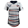 Introducing the Women's USA Rugby Pro Home Jersey by Castore, designed with an athletic fit and red, white, and blue stripes. It features chest logos, an American flag on the sleeve, and is made from moisture-wicking fabric to ensure comfort on or off the field.